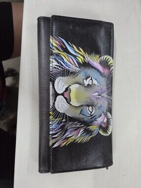 Anna by Anuschka Hand-Painted Leather Wallet Black Wallet with Colorful Lion Art